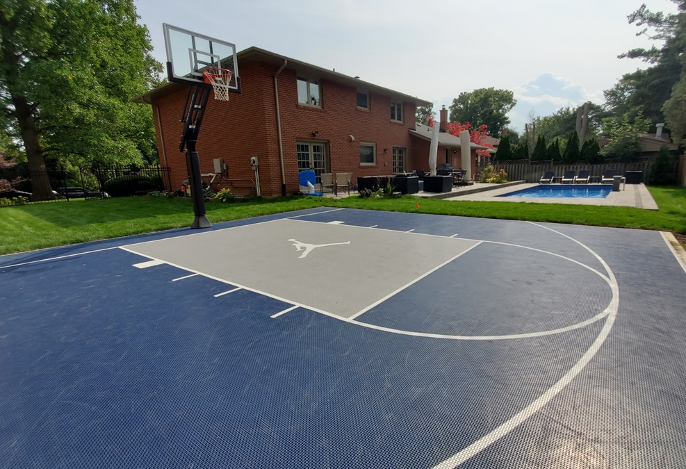 Multi-Purpose Backyard Pool Oasis with Interlocking Pool Deck & Concrete Court