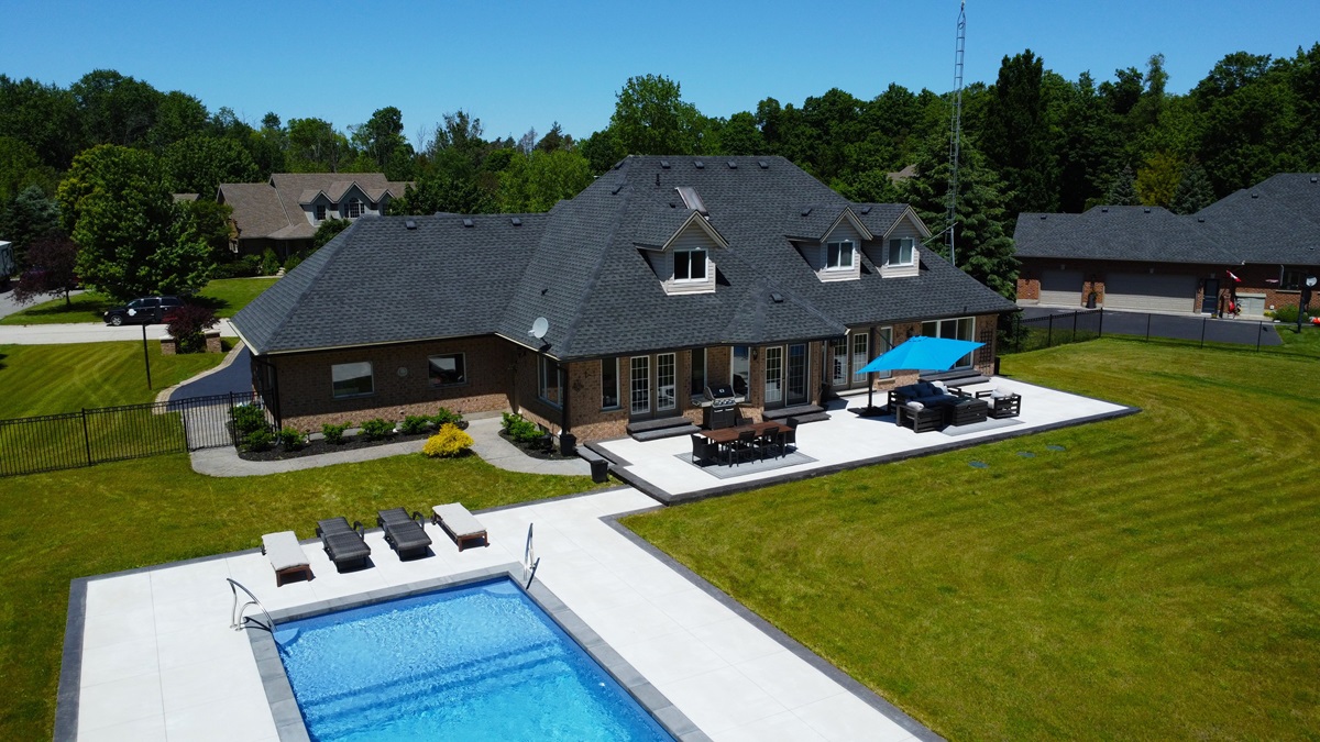 Complete Backyard Makeover with Modern Limestone Concrete Patio, Pool Deck and Fire Pit